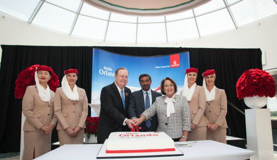 Mayor Jacobs and Emirates personnel at Orlando International Airport