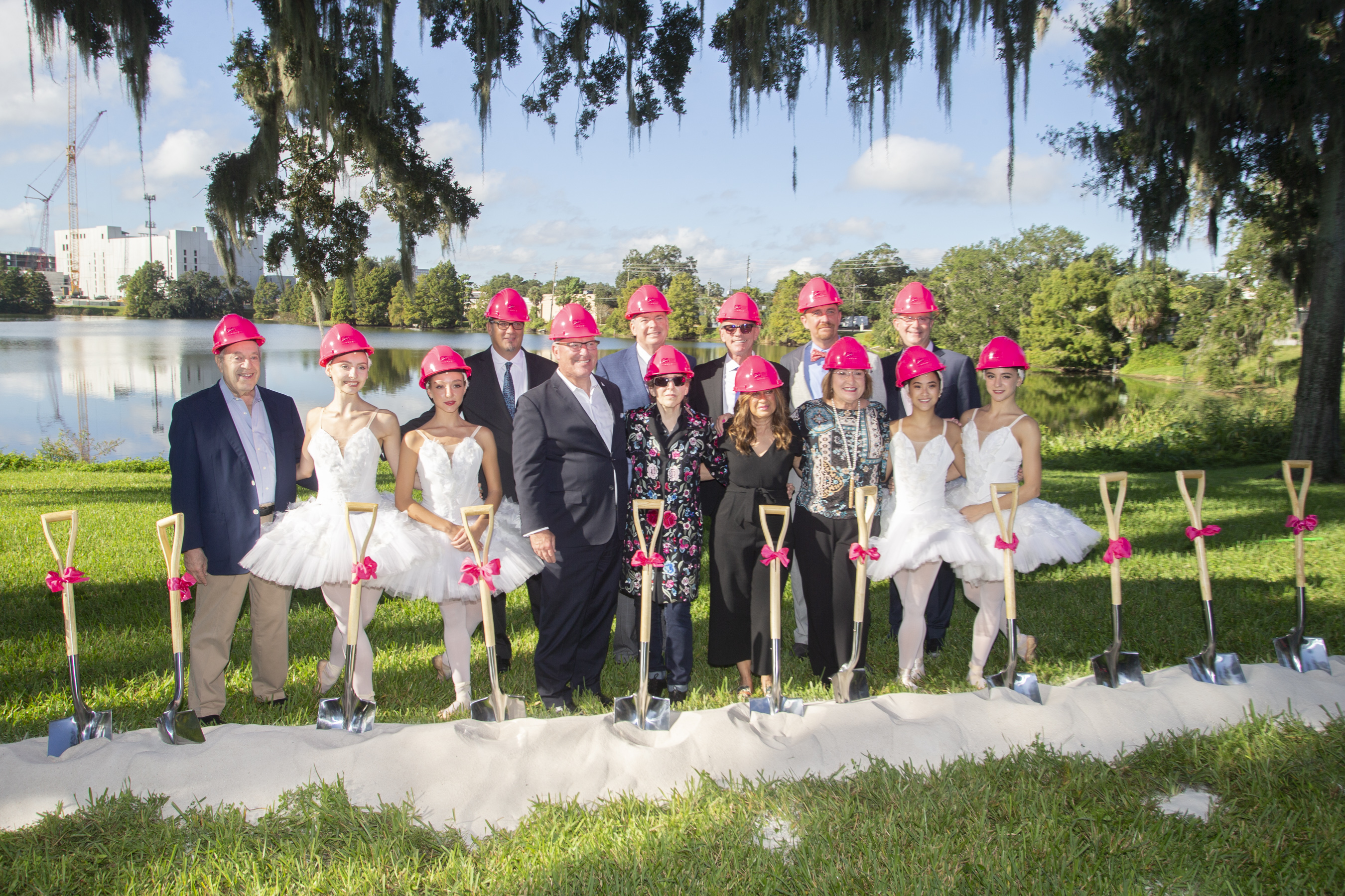 Mayor Jacobs, Orlando ballet leaders and ballerinas at a groundbreaking ceremony holding shovels