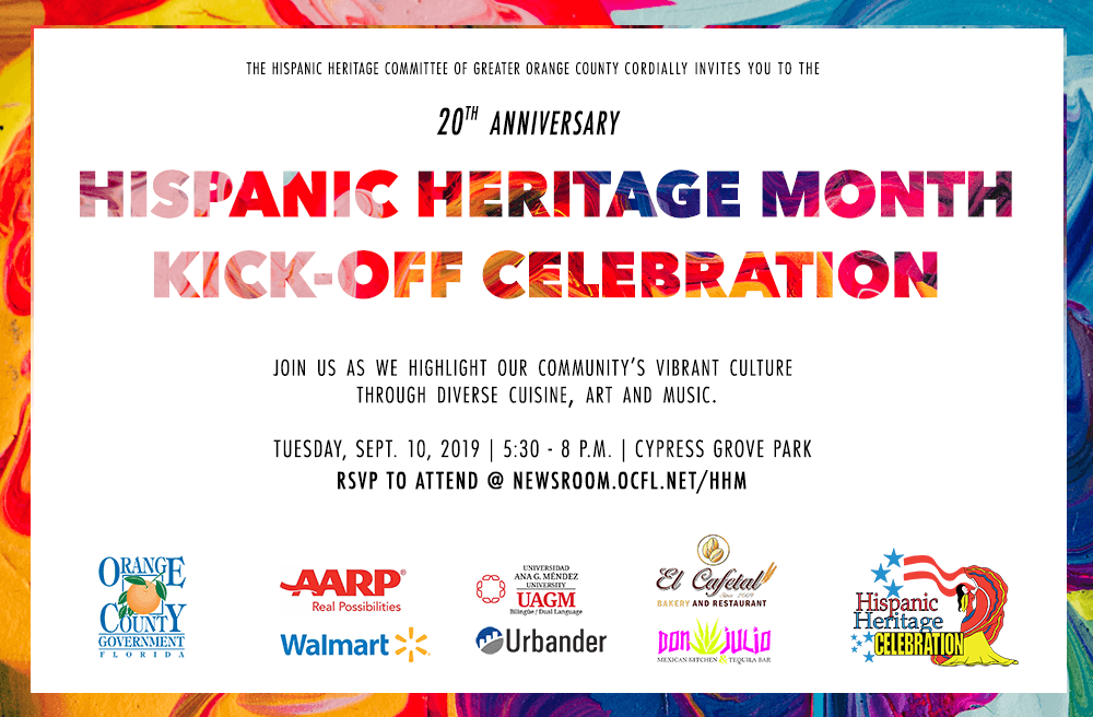 Hispanic Heritage Month Kick Off Celebration invitation including sponsor logos from AARP, Walmart, Ana G. Mendez University, Don Juilo's, El Cafetal, and Urbander