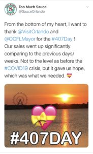 A message from Too Much Sauce restaurant on twitter reads "From the bottom of my heart, I thank Visit Orlando and Orange County Mayor for the # 407 Day. Our sales went up significantly comparing to the previous days/weeks. Not to the level as before COVID-19 crisis, but it gave us hope, which was what we needed. 