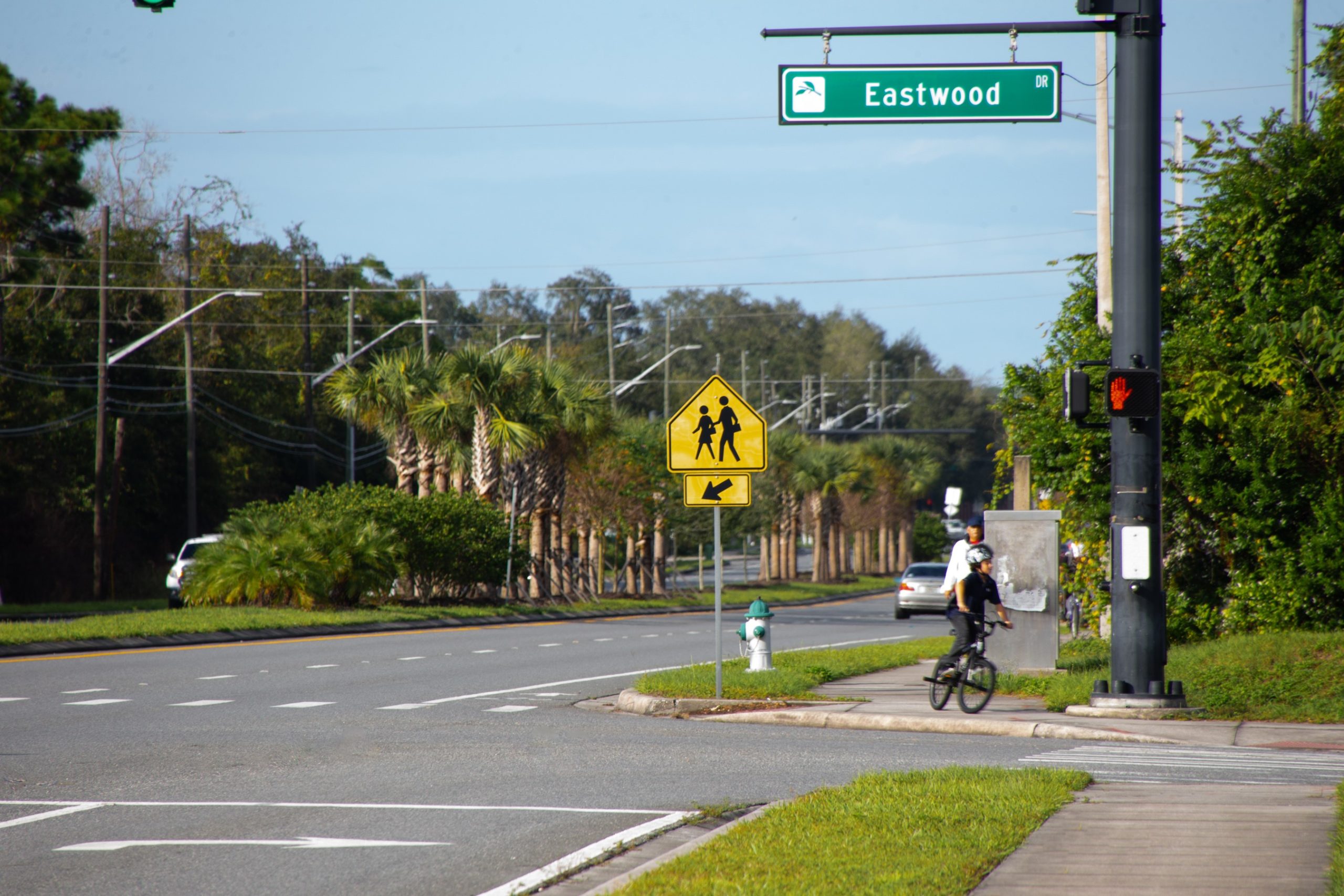 Boy riding bicycle next to a crosswalk