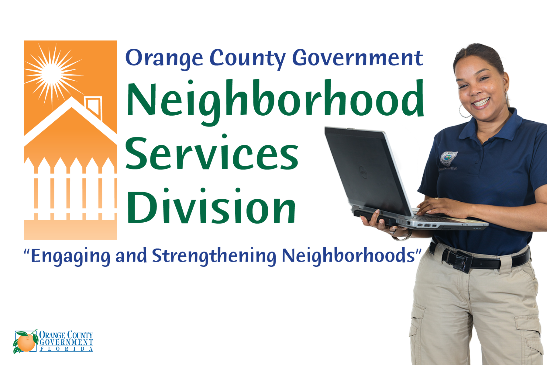 Logotipo de la División de Servicios a Vecindarios con una mujer sosteniendo una computadora