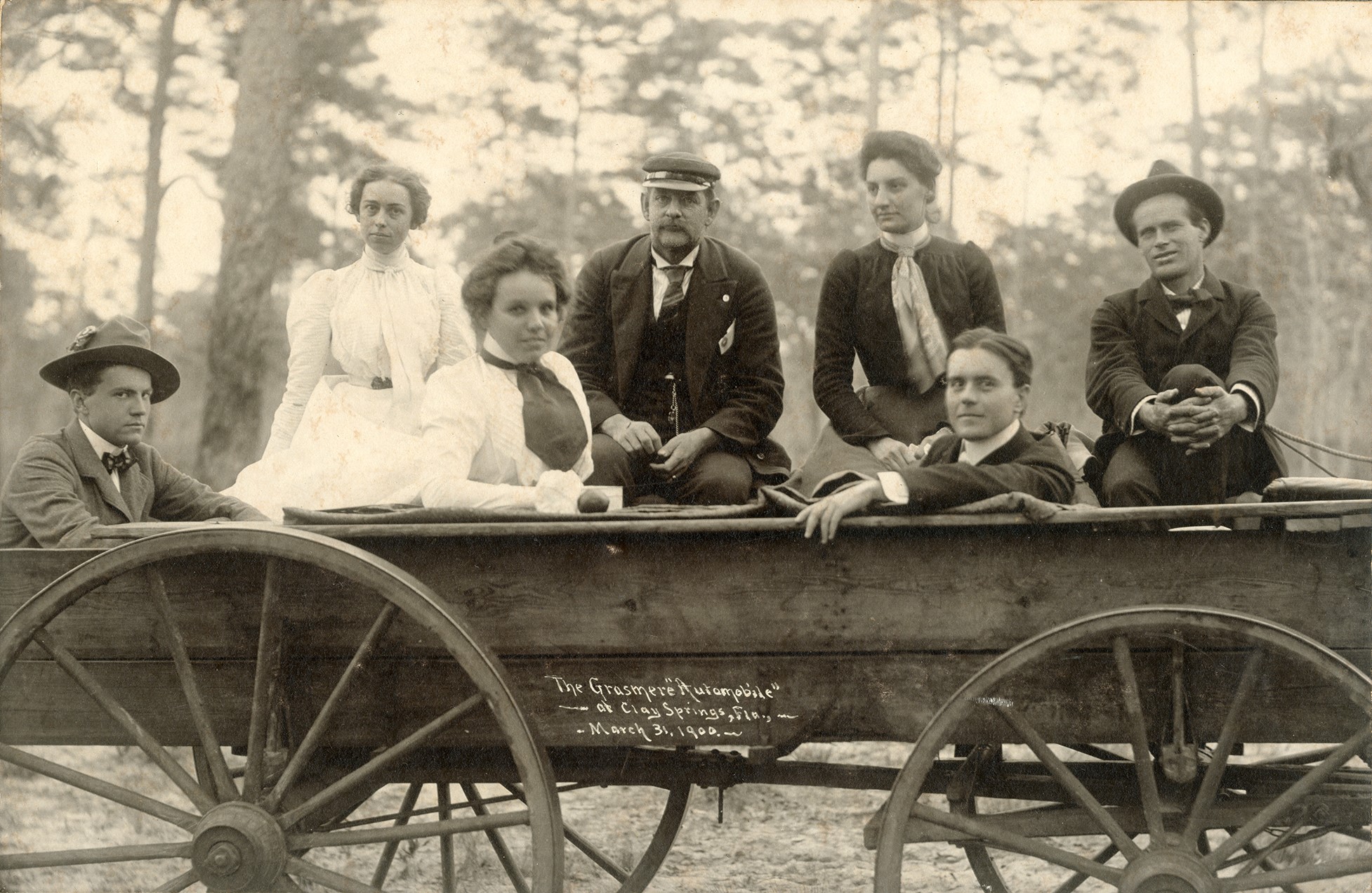 A group of Grasmere residents in a cart at Clay Springs in 1900.