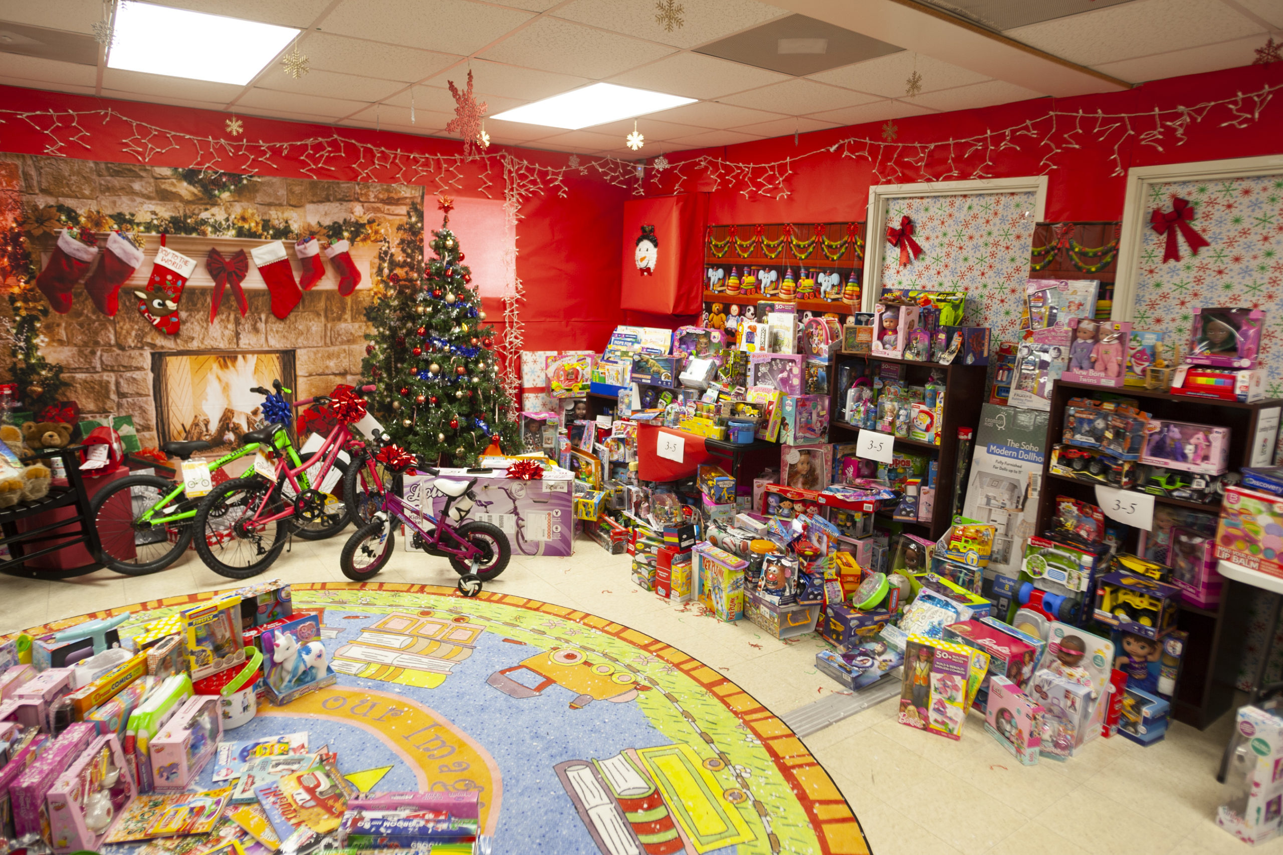 room filled with holiday toys.