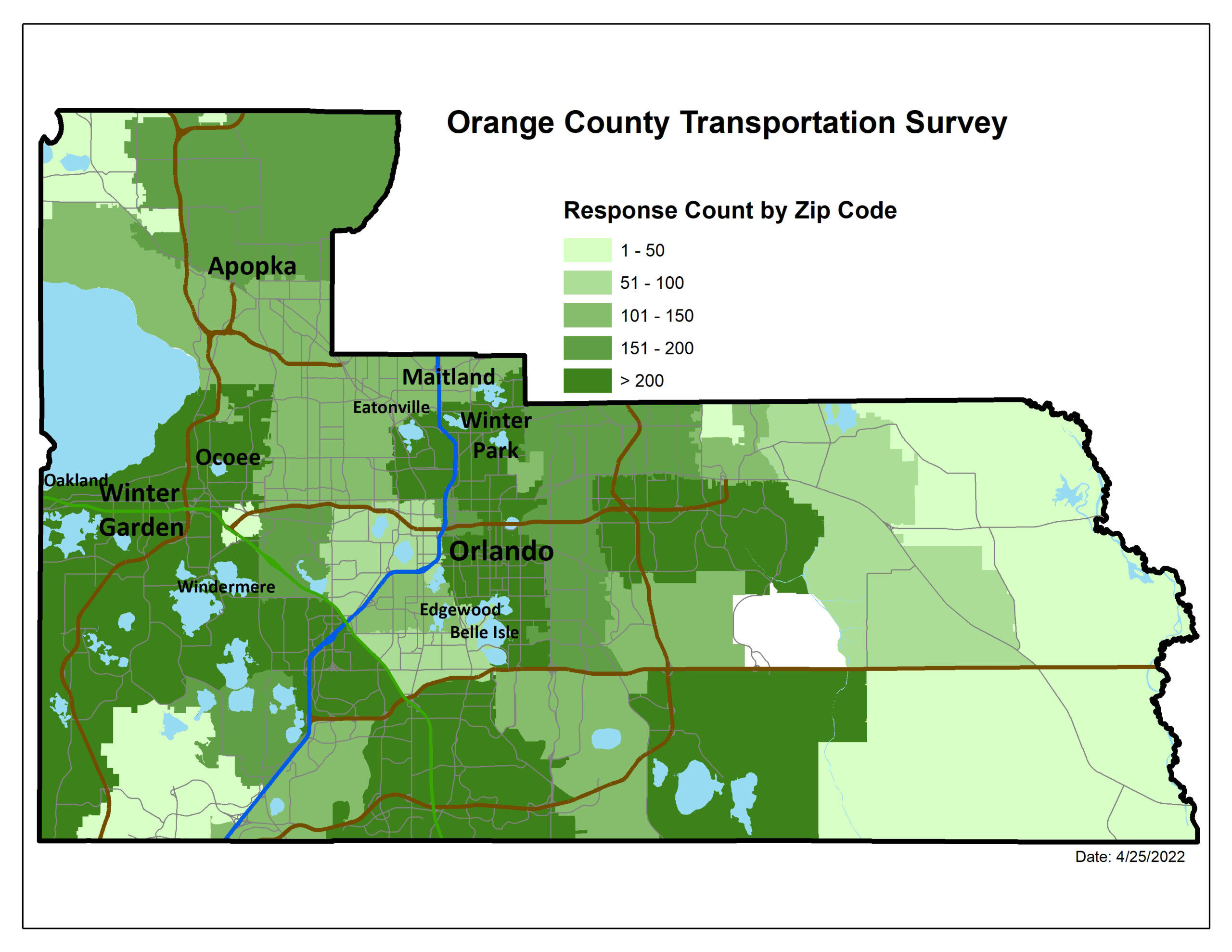 Mapa de los participantes de la encuesta de 2022 de la Iniciativa de Transporte del Condado de Orange. Más de 8,300 personas participaron en la encuesta del 2022, y más de 11,000 en la encuesta del 2019
