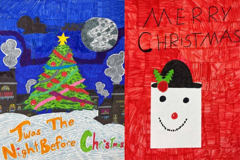 Holiday drawings of a Christmas tree and a snowman created by Margari and Jayla from Great Oaks Village.